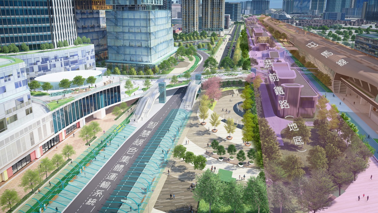 日後擬建的區域廣場，貫通圖右的屯馬線、圖中央位於地底的洪前鐵路，以及圖左的智慧綠色集體運輸系統洪水橋站。